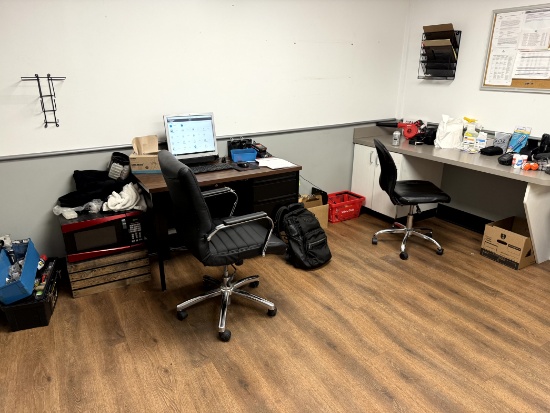 REMAINING DESK, FILE CABINETS AND CHAIRS IN OFFICE