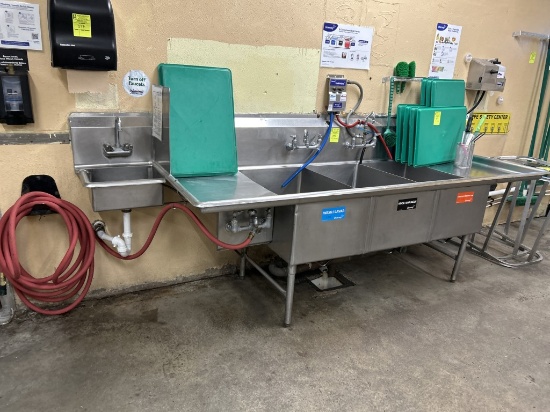 STAINLESS STEEL THREE COMPARTMENT SINK W/ ATTACHED HAND SINK