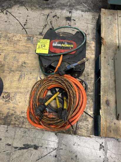 EXTENSION CORDS AND CENTRAL PNEUMATIC AIR HOSE ON REEL