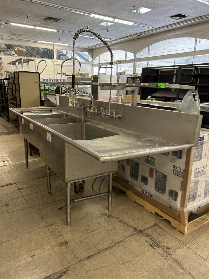 STAINLESS STEEL THREE COMPARTMENT SINK W/ SPRAYER AND SHELF