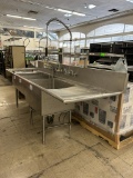 STAINLESS STEEL THREE COMPARTMENT SINK W/ SPRAYER AND SHELF