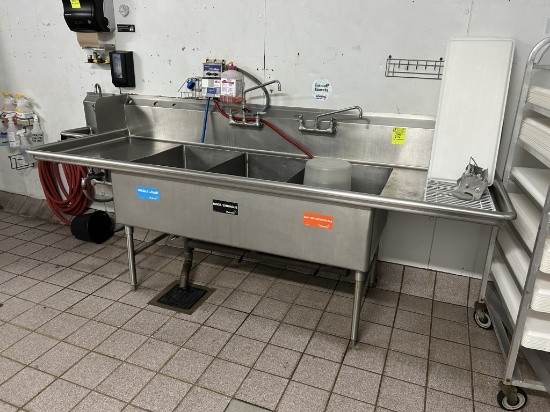STAINLESS STEEL THREE COMPARTMENT SINK W/ ATTACHED HAND SINK