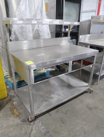 stainless table w/ backsplash, overshelf, & undershelf, on casters