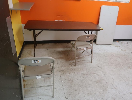 contents of 2) rooms- folding tables, fan on stand, wall shelves, etc