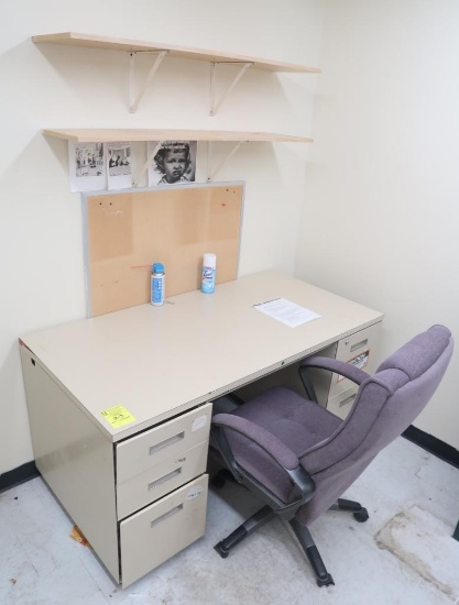 office desk, chair, wall shelves, wooden cabinet