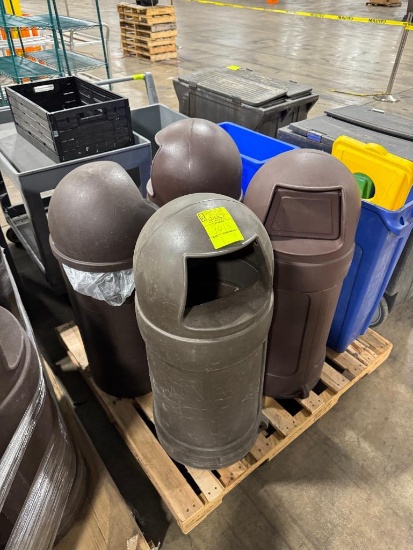 Pallet of assorted trash and recycling bins