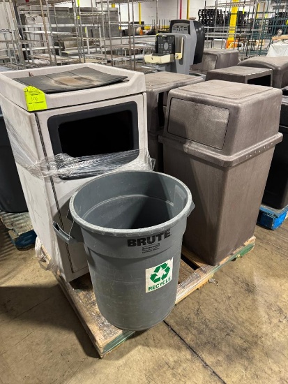 Pallet of assorted trash bins