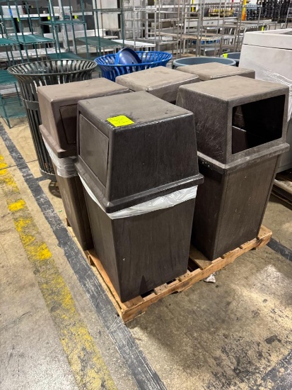 Pallet of assorted trash bins