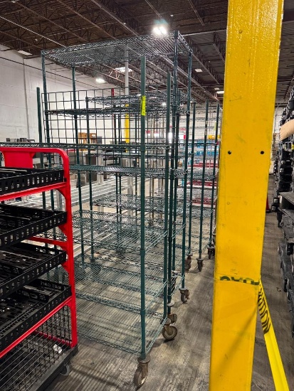 Wire racks varied sizes, one with casters, epoxy coated