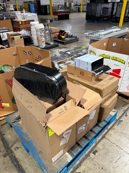 Pallet of chrome sanitary receptacles and toilet paper dispensers