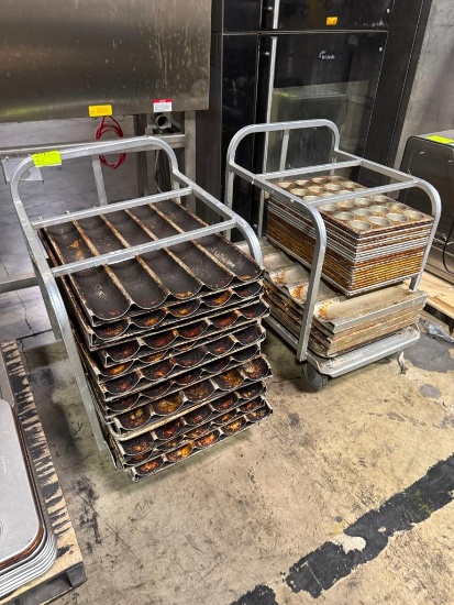 Pan rack on casters w/ muffin and French loaf pans