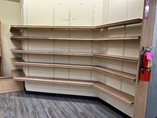 GROUP OF 12IN DEEP WOODEN WALL SHELVES W/ DRILL-IN UPRIGHTS