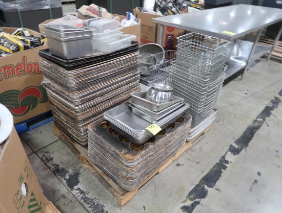Pallet of aluminum sheet pans and muffin pans, stainless pans and baskets
