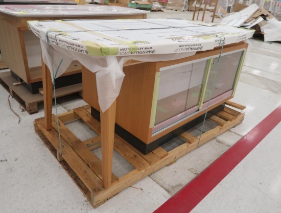 wooden merchandising table w/ solid surface top & cabinets, new