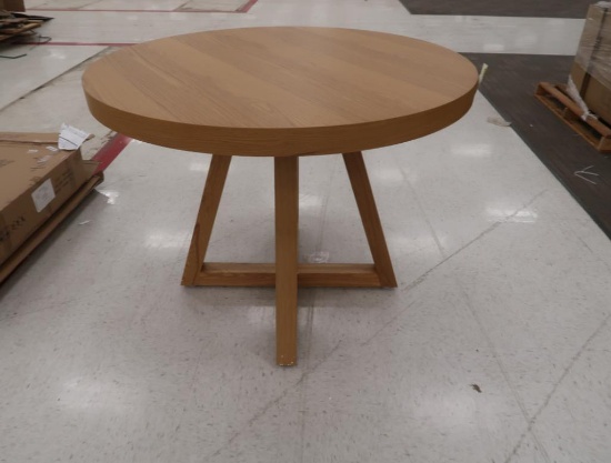 round oak veneer merchandising table, new