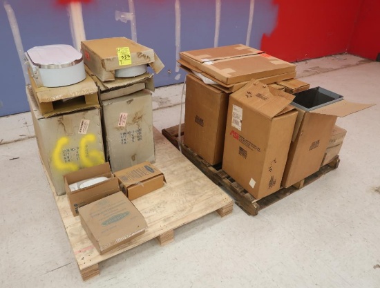 pallets of rest room fixtures- stainless TP dispensers & waste containers, etc