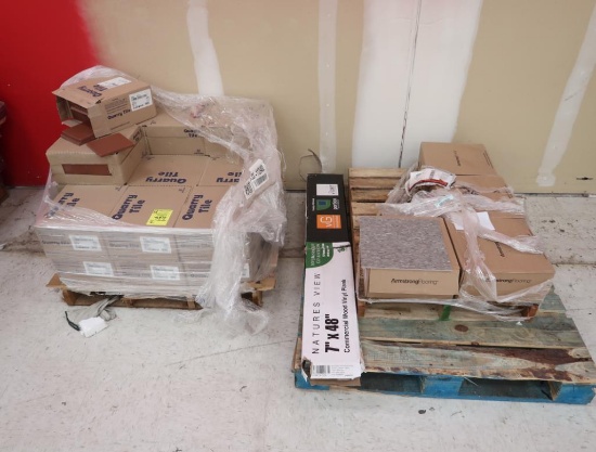 pallets of flooring- quarry tiles, VCT, & wood vinyl plank