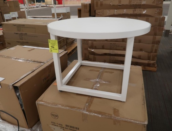 round merchandising tables, top is reversible- either light oak or white, new
