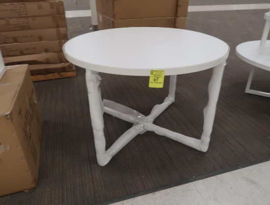 round merchandising table, top is reversible- either light oak or white, new