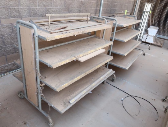 2-sided merchandising shelving units, w/ shelves, on casters