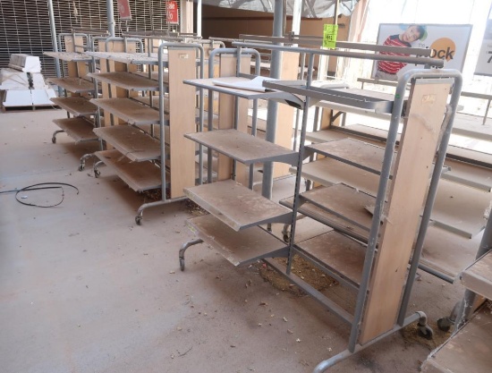 2-sided merchandising shelving units, w/ shelves, on casters