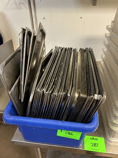 PLASTIC BIN W/ ASSORTED STAINLESS INSERT LIDS
