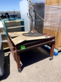 (1) WOOD DISPLAY TABLE (1) METAL TABLE