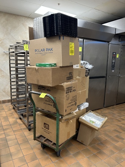 METAL FLAT CART W/ ASSORTED FOOD SERVICE ITEMS