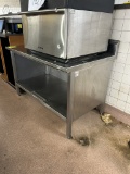 JOHN BOOS 4FT STAINLESS STEEL TABLE W/ BACKSPLASH AND STORAGE