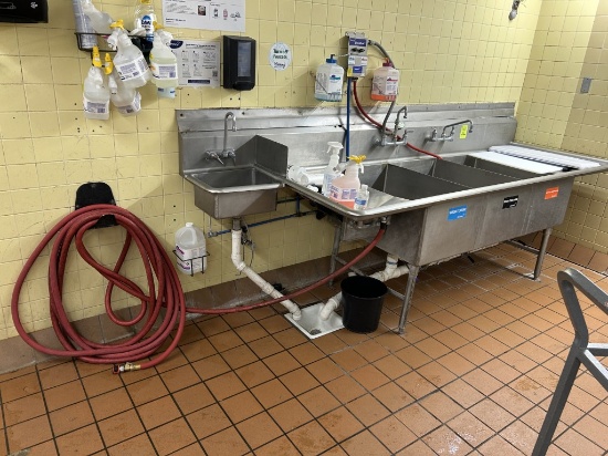 STAINLESS STEEL 3 COMPARTMENT SINK W/ ATTACHED HAND SINK