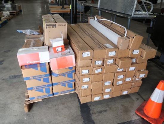 pallet of misc lighting- LED strip lights, Gripple hangers, recessed,