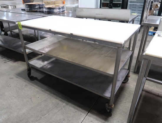 polytop table, on casters, w/ 2) undershelves