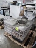 pallet of misc- aluminum sheet pans, plastic tubs & lids,trays,