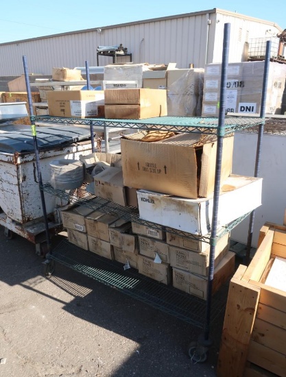 wire shelving unit, on casters, w/ contents