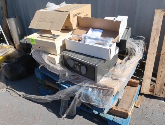 pallet of misc- ~9) hotel safes & 3) adjustable wall mount faucets