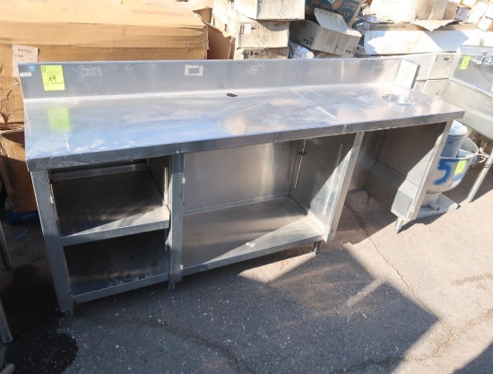 stainless table w/ backsplash, trash hole, & storage under