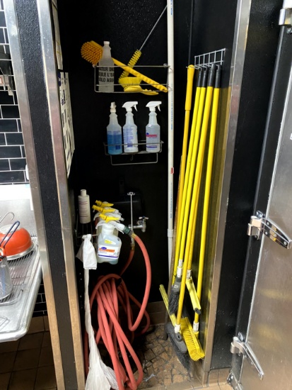 GROUP OF CLEANING SUPPLIES AND RED HOSE