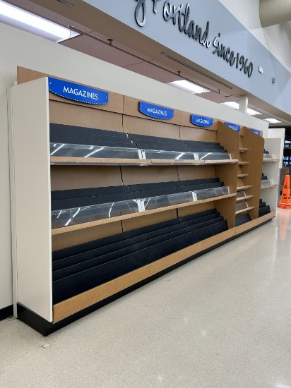 20FT OF LOZIER WALL SHELVING W/ BOOK/MAGAZINE RACKS