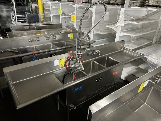 AMTEKCO 102IN STAINLESS STEEL THREE COMPARTMENT SINK W/ SPRAYER