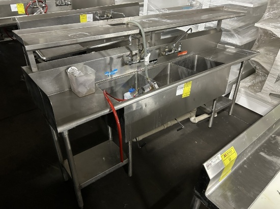 AMTEKCO 8FT STAINLESS STEEL THREE COMPARTMENT SINK W/ OVERSHELF