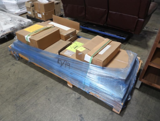 pallet of misc- Uniweb shelving parts, cash drawer, etc