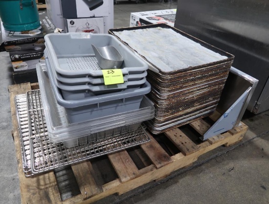 pallet of misc- aluminum sheet pans, cooling racks,