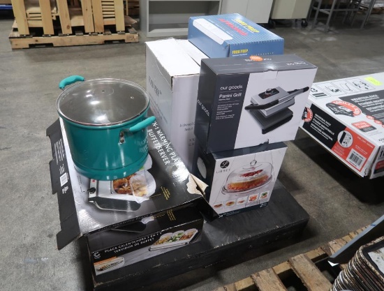 pallet of misc- panini grill, cake server, steamer pot,