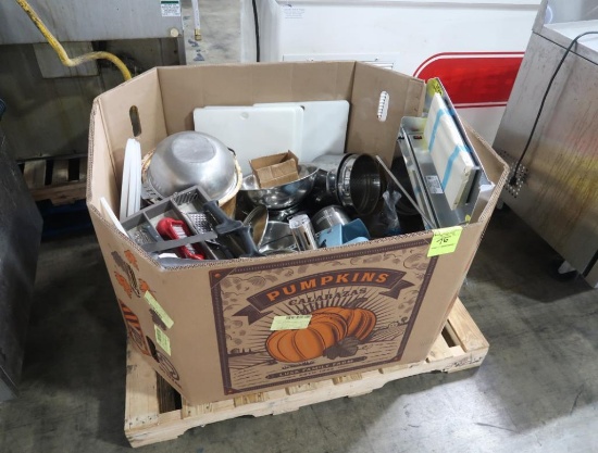 crate of misc- kitchen utensils, steamer pot, film wrapper,