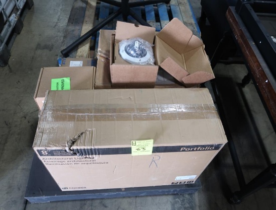 pallet of LED recessed lighting parts & Axis dome cameras