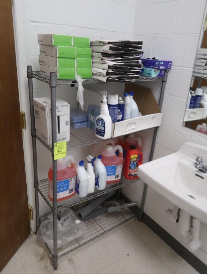 wire shelving unit w/ contents- rest room & cleaning supplies