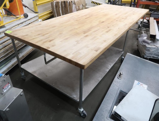 solid maple-top bakery table, w/ half-undershelf & casters