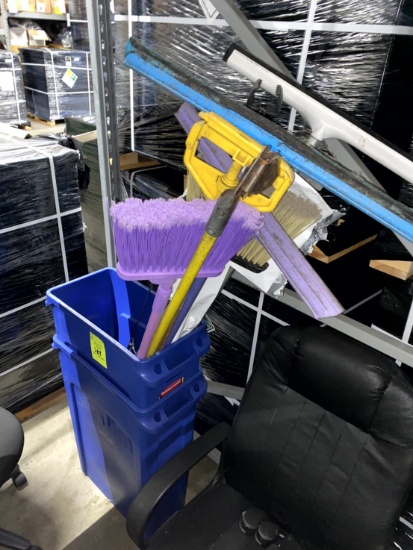 BLUE TRASH CANS AND CLEANING SUPPLIES