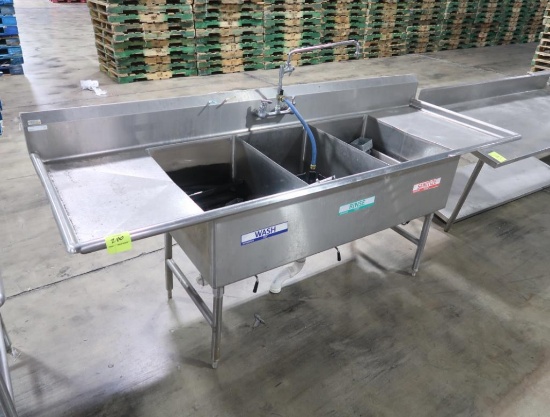 stainless 3-comp sink w/ L&R drain boards, pre-rinse