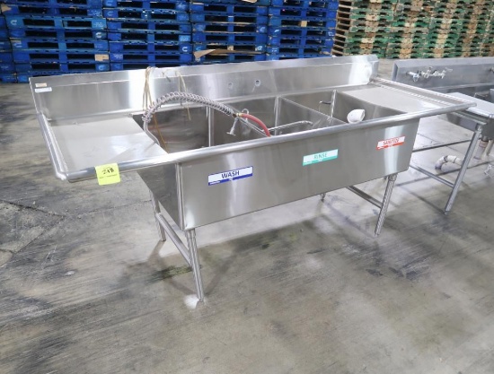 stainless 3-comp sink w/ L&R drain boards, pre-rinse